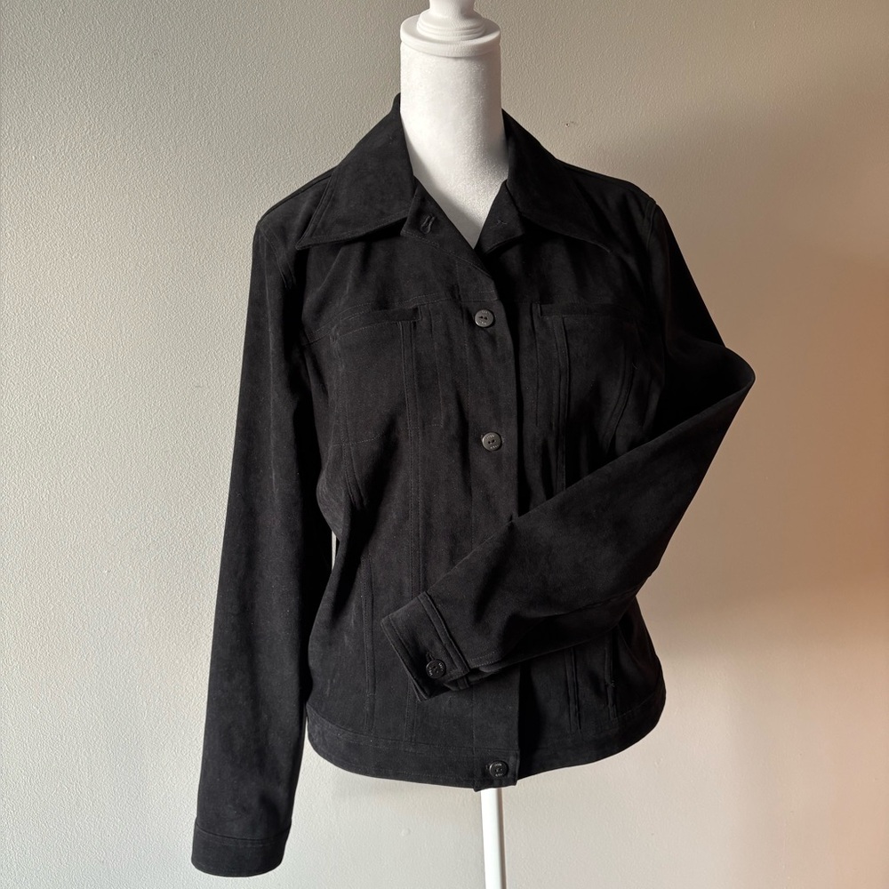 Vintage August Silk Jean Jacket in Butter-soft Black Faux Suede Size 10. Unlined